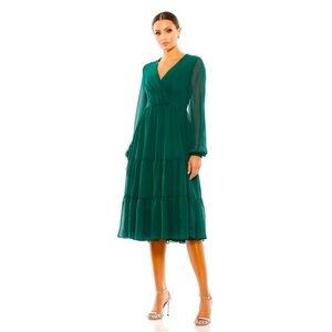 IEENA FOR MAC DUGGAL Ruched V-Neck Tiered Midi Dress Emerald Green 4